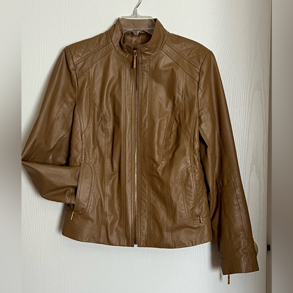 100% leather camel Moto jacket by Iman size medium 